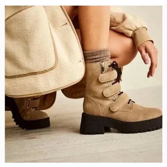 Free People Latte Beige Suede Emmett Lace Strap Up Boots Size 36/US 6 NWOB - Picture 7 of 7